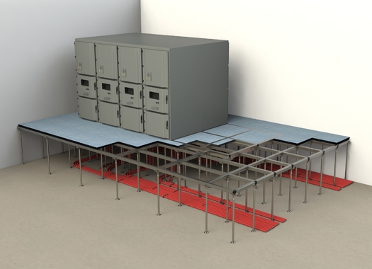 Detailtekening deel installatievloer met egalisatieframe en zware kast v…